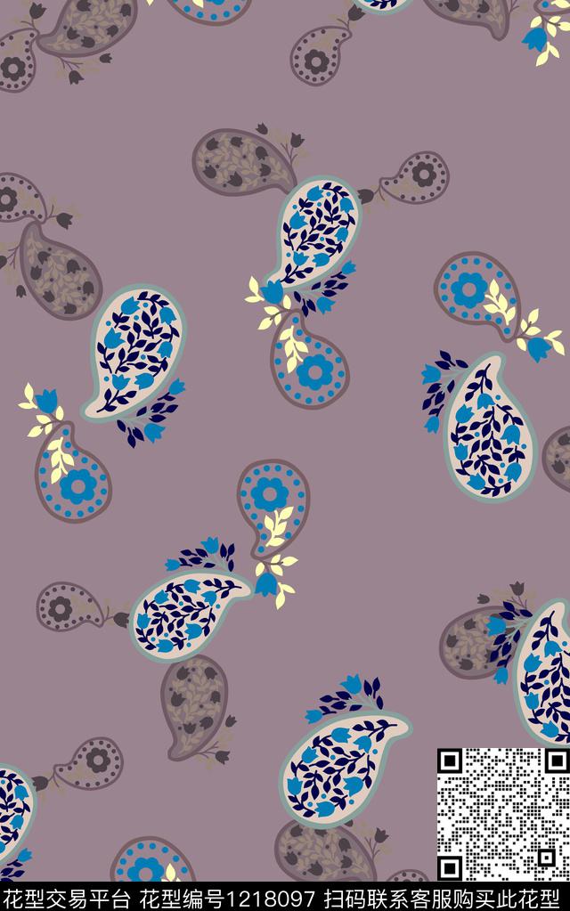 花卉佩斯利线条数码印花华亿平台下载（图片编号: 1218097） - 瓦栏（Walan）