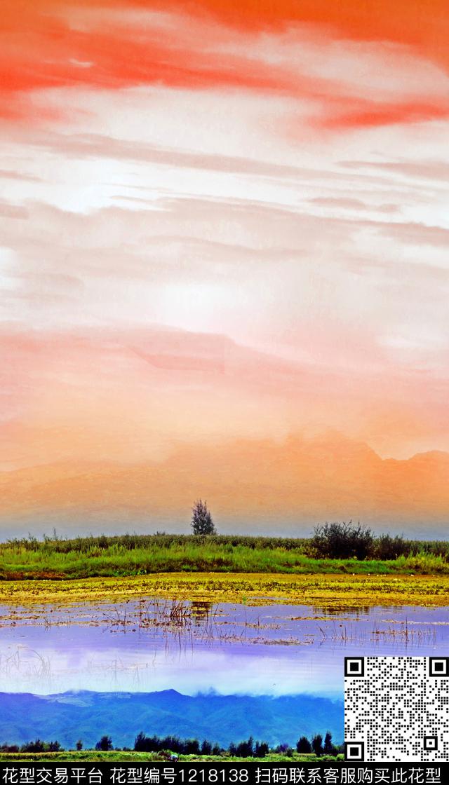 蓝天白云湿地国画数码印花华亿平台下载（图片编号: 1218138） - 瓦栏（Walan）