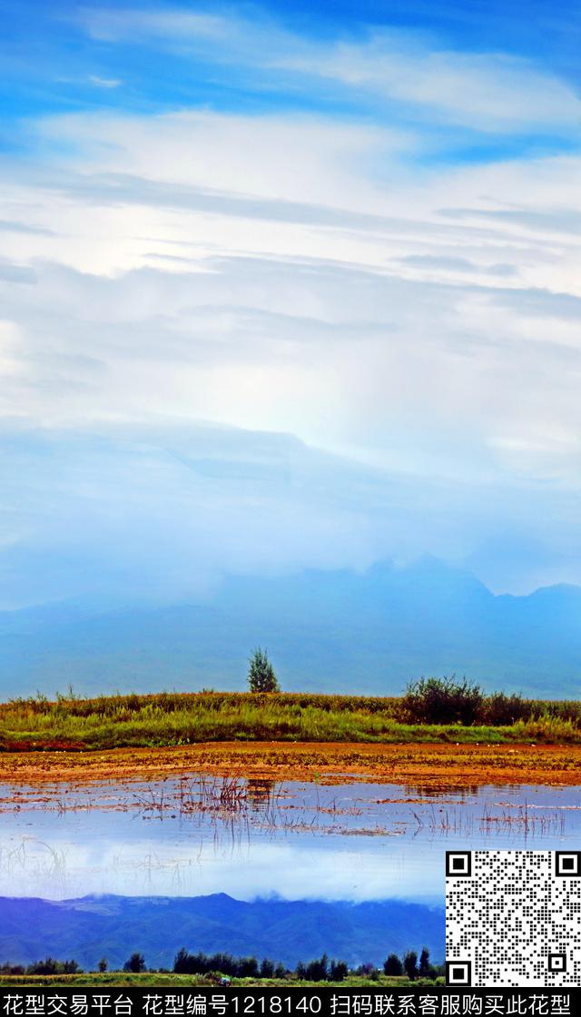 蓝天白云湿地国画数码印花华亿平台下载（图片编号: 1218140） - 瓦栏（Walan）