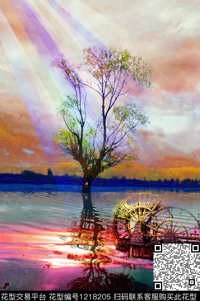 树倒影国画风景照片数码印花华亿平台下载（图片编号: 1218205） - 瓦栏（Walan）