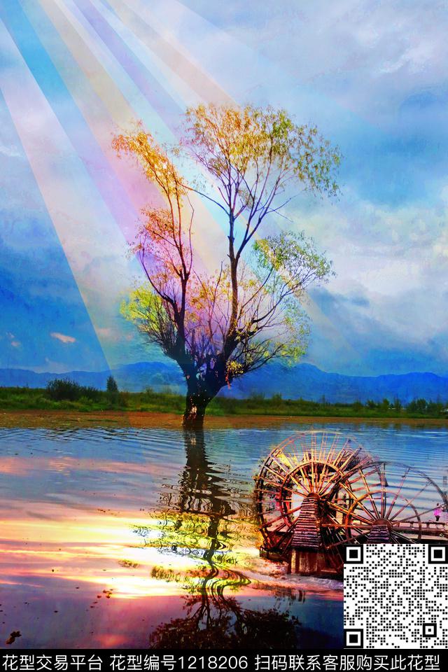 树倒影国画风景照片数码印花华亿平台下载（图片编号: 1218206） - 瓦栏（Walan）