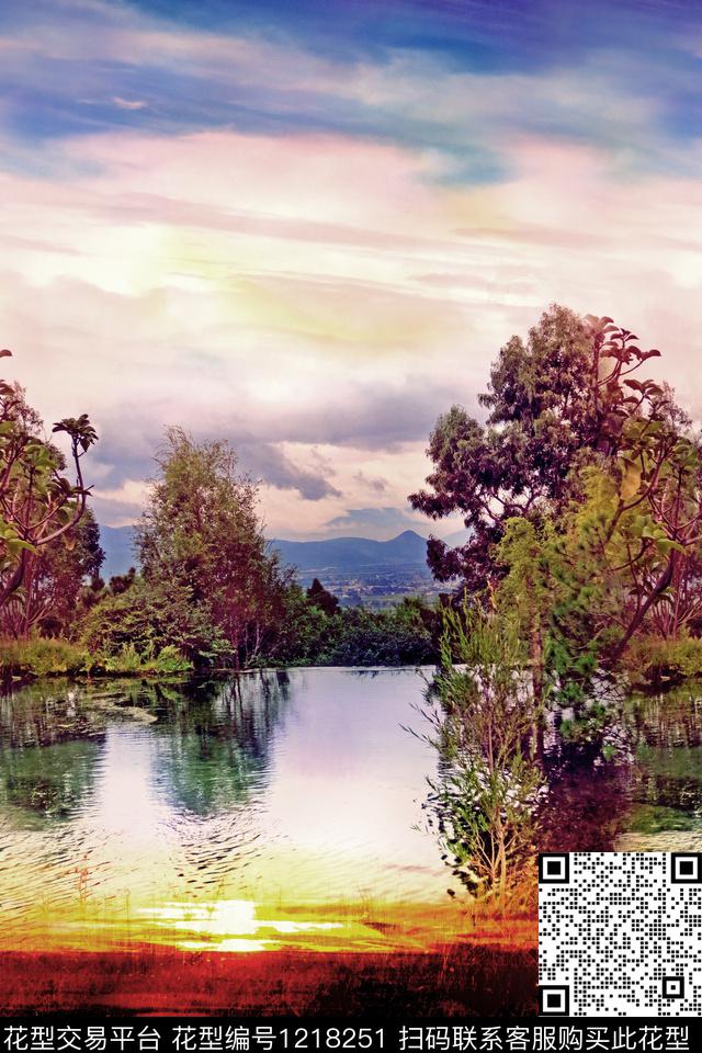 山水湖泊蓝天白云胸前独幅数码印花华亿平台下载（图片编号: 1218251） - 瓦栏（Walan）