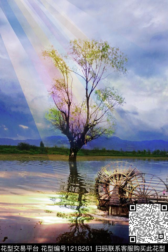 树倒影国画风景照片数码印花华亿平台下载（图片编号: 1218261） - 瓦栏（Walan）