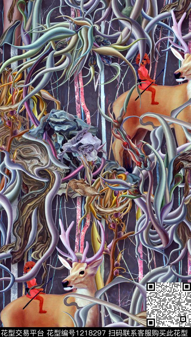 抽象动物化形花卉数码印花华亿平台下载（图片编号: 1218297） - 瓦栏（Walan）