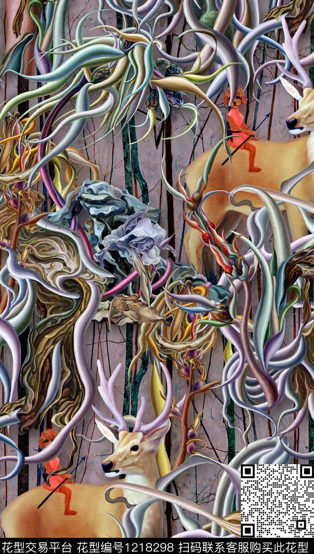 抽象动物化形花卉数码印花华亿平台下载（图片编号: 1218298） - 瓦栏（Walan）