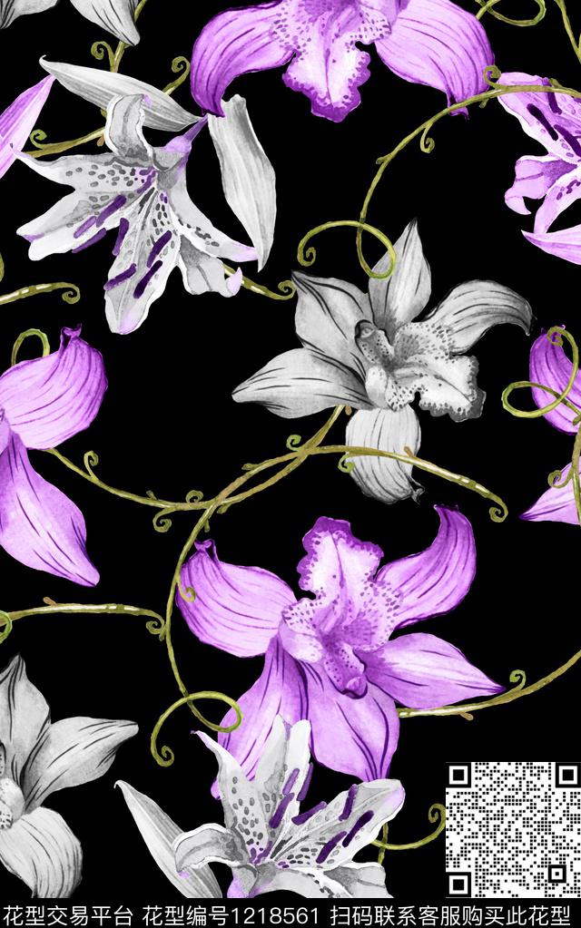 花卉大牌风线条花卉数码印花华亿平台下载（图片编号: 1218561） - 瓦栏（Walan）