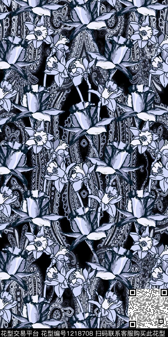 花卉线条民族风数码印花华亿平台下载（图片编号: 1218708） - 瓦栏（Walan）