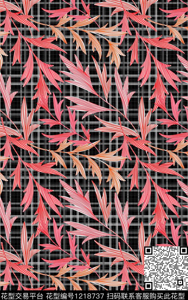 格子花卉绿植树叶数码印花华亿平台下载（图片编号: 1218737） - 瓦栏（Walan）