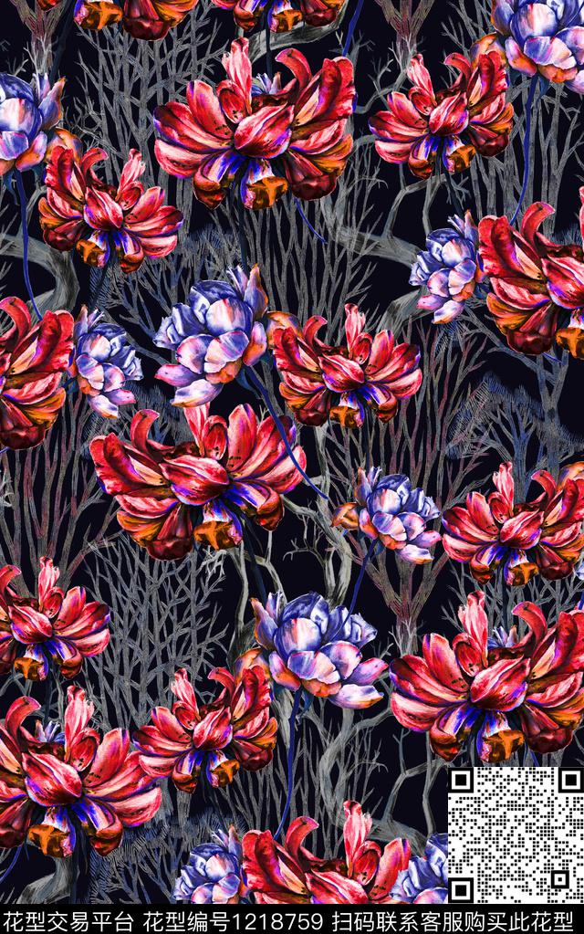 花卉手绘大花中老年数码印花华亿平台下载（图片编号: 1218759） - 瓦栏（Walan）