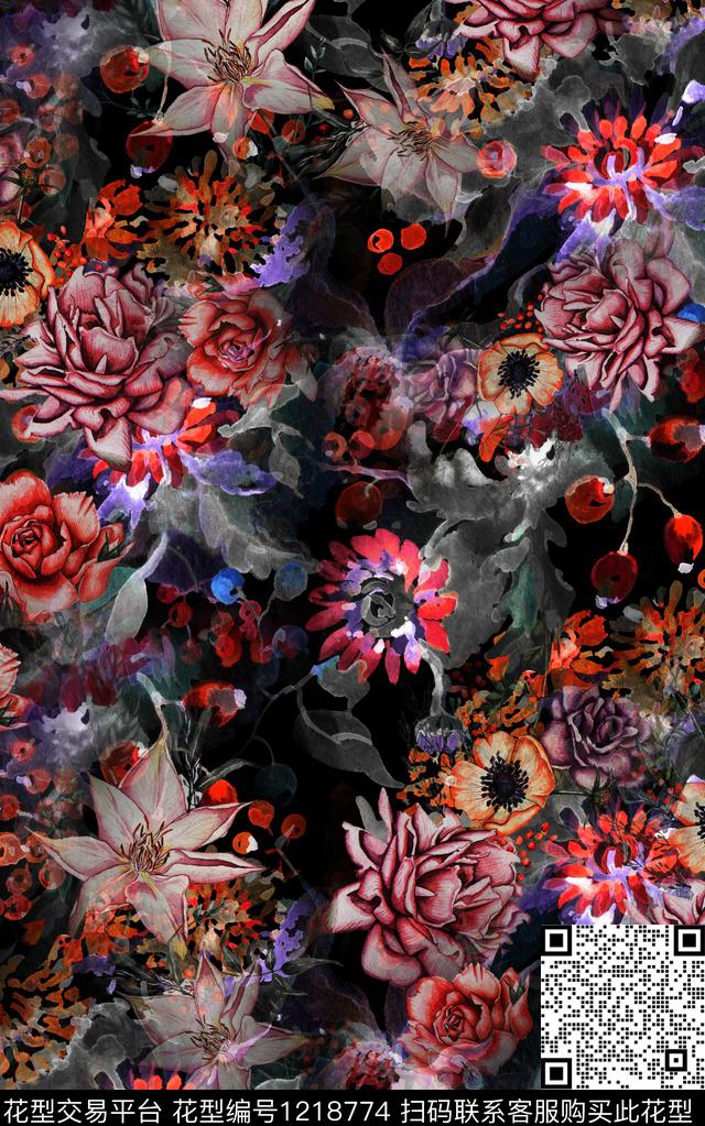 花卉手绘大花中老年数码印花华亿平台下载（图片编号: 1218774） - 瓦栏（Walan）