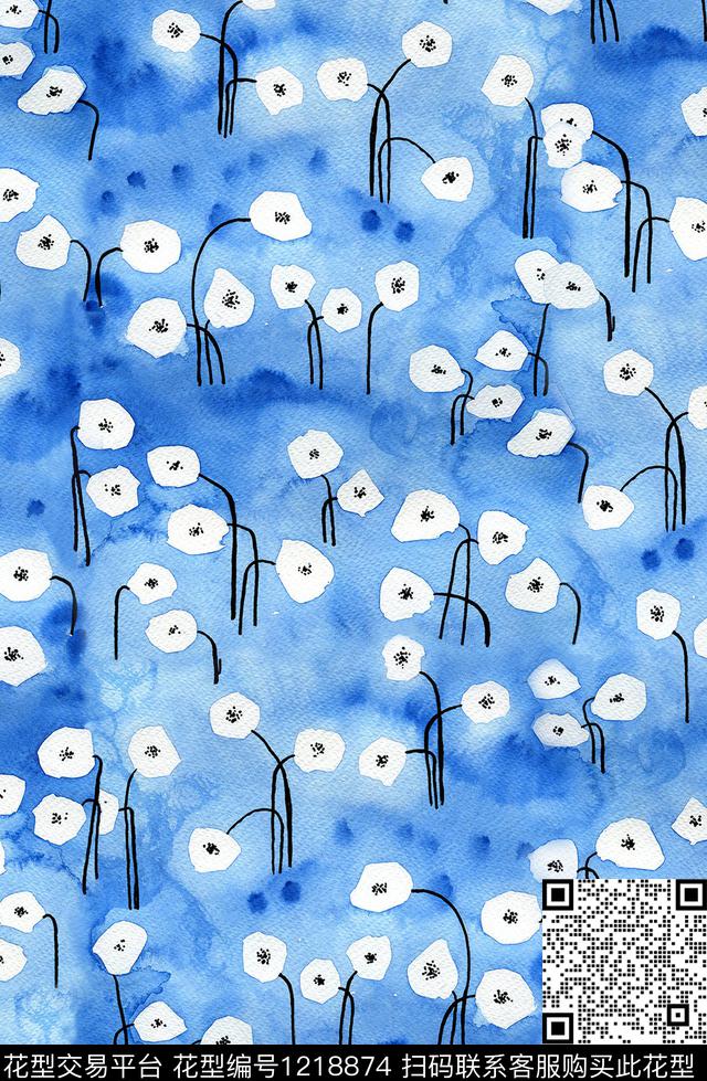 水彩花卉小碎花蓝印花数码印花华亿平台下载（图片编号: 1218874） - 瓦栏（Walan）