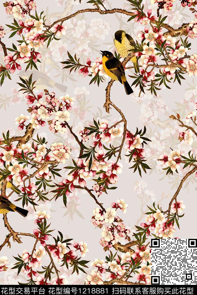 水彩花卉花鸟中国风数码印花华亿平台下载（图片编号: 1218881） - 瓦栏（Walan）