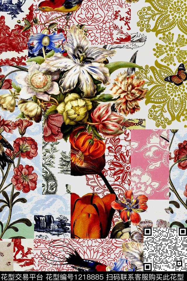 水彩花卉几何抽象数码印花华亿平台下载（图片编号: 1218885） - 瓦栏（Walan）