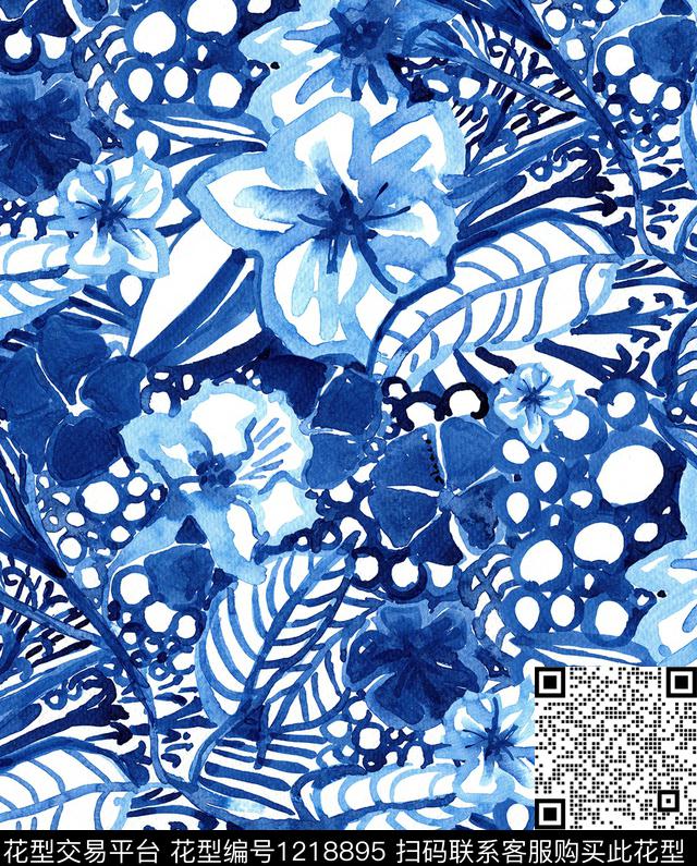 水彩花卉小碎花蓝印花数码印花华亿平台下载（图片编号: 1218895） - 瓦栏（Walan）