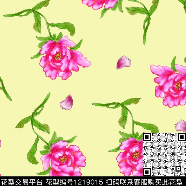 清爽底花卉牡丹红花绿叶数码印花华亿平台下载（图片编号: 1219015） - 瓦栏（Walan）