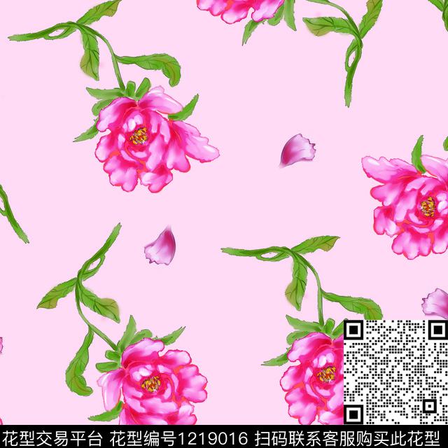 清爽底花卉牡丹红花绿叶数码印花华亿平台下载（图片编号: 1219016） - 瓦栏（Walan）