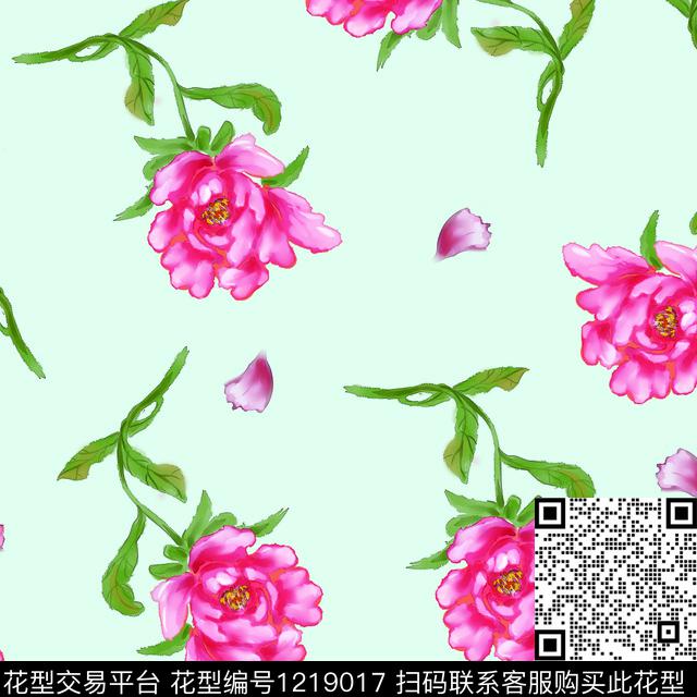 清爽底花卉牡丹红花绿叶数码印花华亿平台下载（图片编号: 1219017） - 瓦栏（Walan）