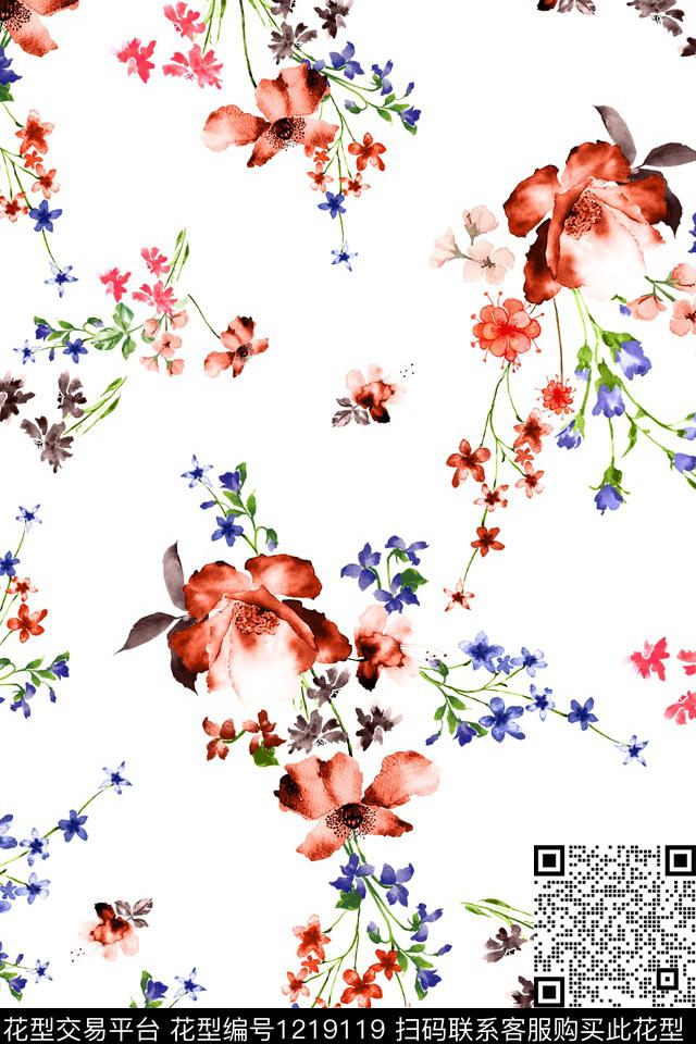 水彩花卉花卉大牌风数码印花华亿平台下载（图片编号: 1219119） - 瓦栏（Walan）