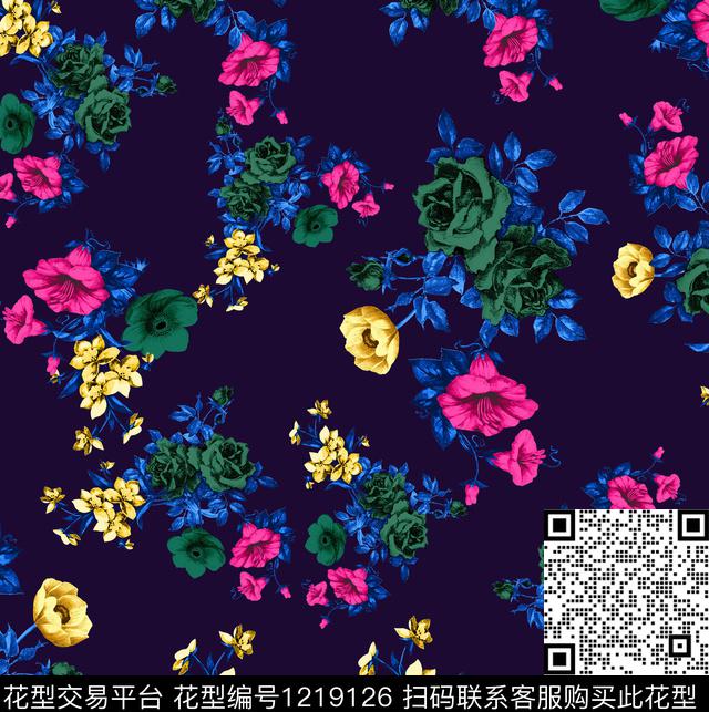 黑底花卉小碎花Floral数码印花华亿平台下载（图片编号: 1219126） - 瓦栏（Walan）