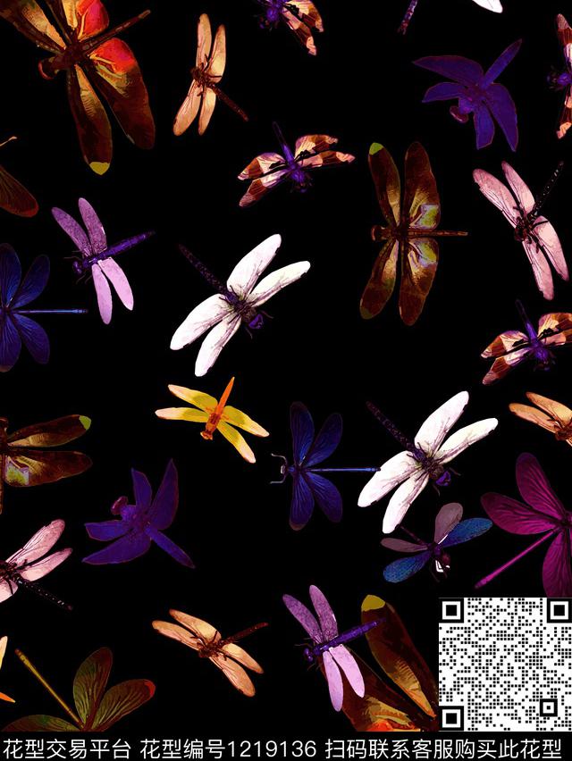蜻蜓黑底花卉Dragonfly数码印花华亿平台下载（图片编号: 1219136） - 瓦栏（Walan）
