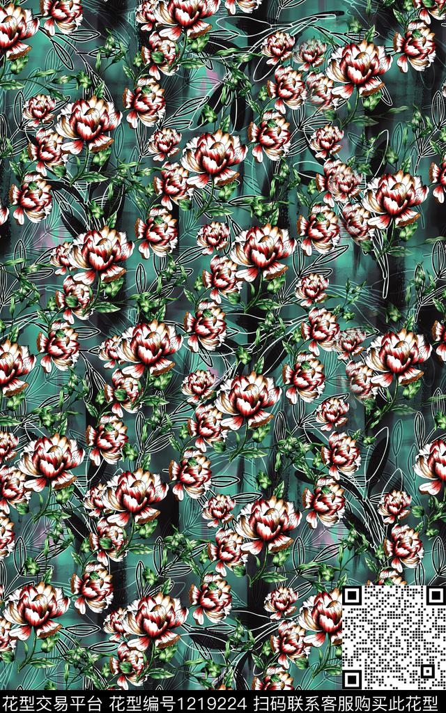 花卉黑底花卉秋冬华亿平台数码印花华亿平台下载（图片编号: 1219224） - 瓦栏（Walan）
