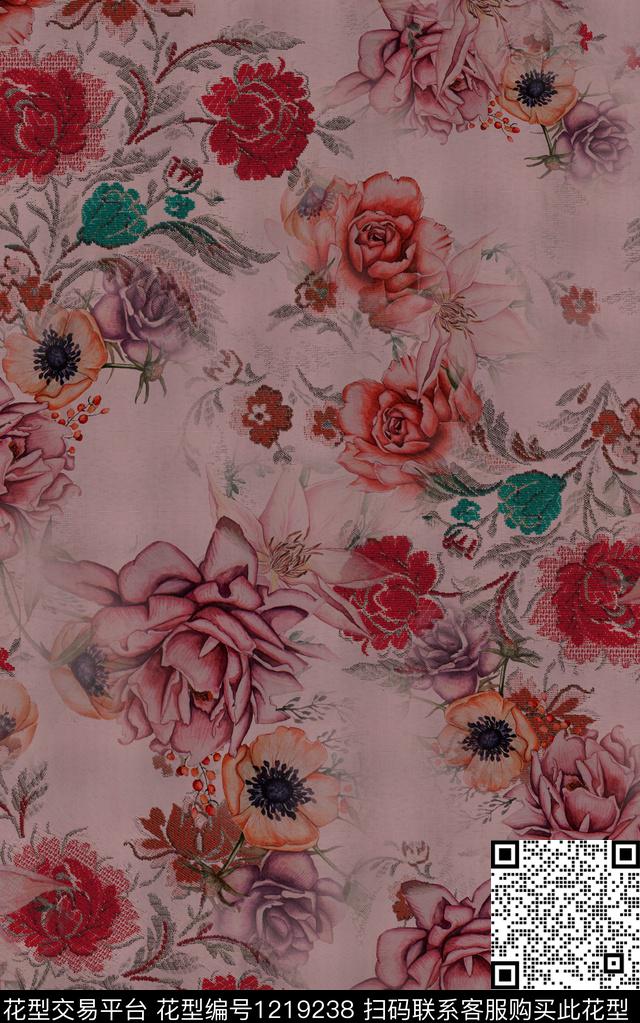 花卉黑底花卉秋冬华亿平台数码印花华亿平台下载（图片编号: 1219238） - 瓦栏（Walan）
