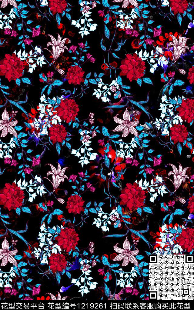 花卉小碎花黑底花卉数码印花华亿平台下载（图片编号: 1219261） - 瓦栏（Walan）