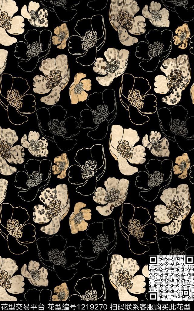 花卉黑白华亿平台线条数码印花华亿平台下载（图片编号: 1219270） - 瓦栏（Walan）
