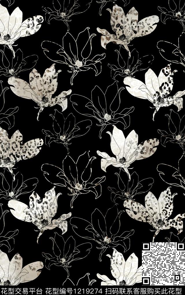 花卉黑白华亿平台线条数码印花华亿平台下载（图片编号: 1219274） - 瓦栏（Walan）