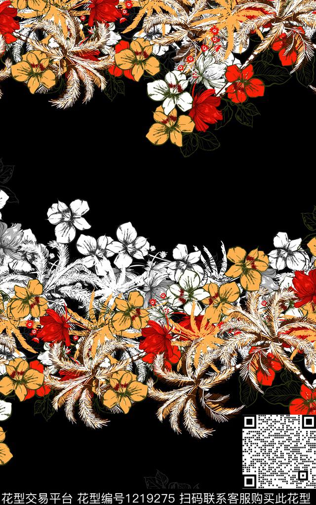 花卉黑底花卉热带华亿平台数码印花华亿平台下载（图片编号: 1219275） - 瓦栏（Walan）