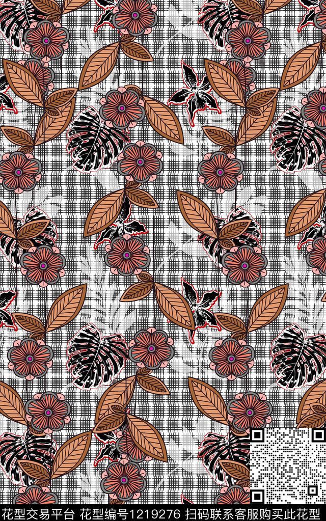 格子热带华亿平台绿植树叶数码印花华亿平台下载（图片编号: 1219276） - 瓦栏（Walan）