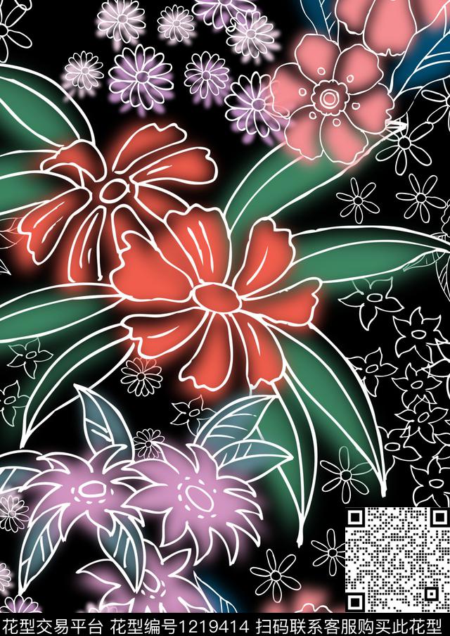 花卉大牌风抽象花卉数码印花华亿平台下载（图片编号: 1219414） - 瓦栏（Walan）