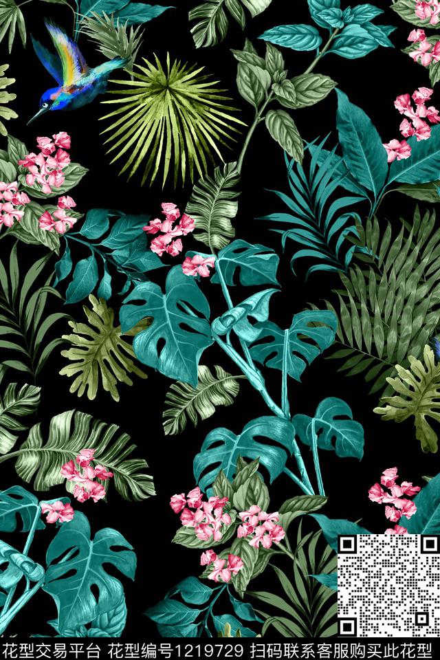大牌风花鸟绿植树叶数码印花华亿平台下载（图片编号: 1219729） - 瓦栏（Walan）