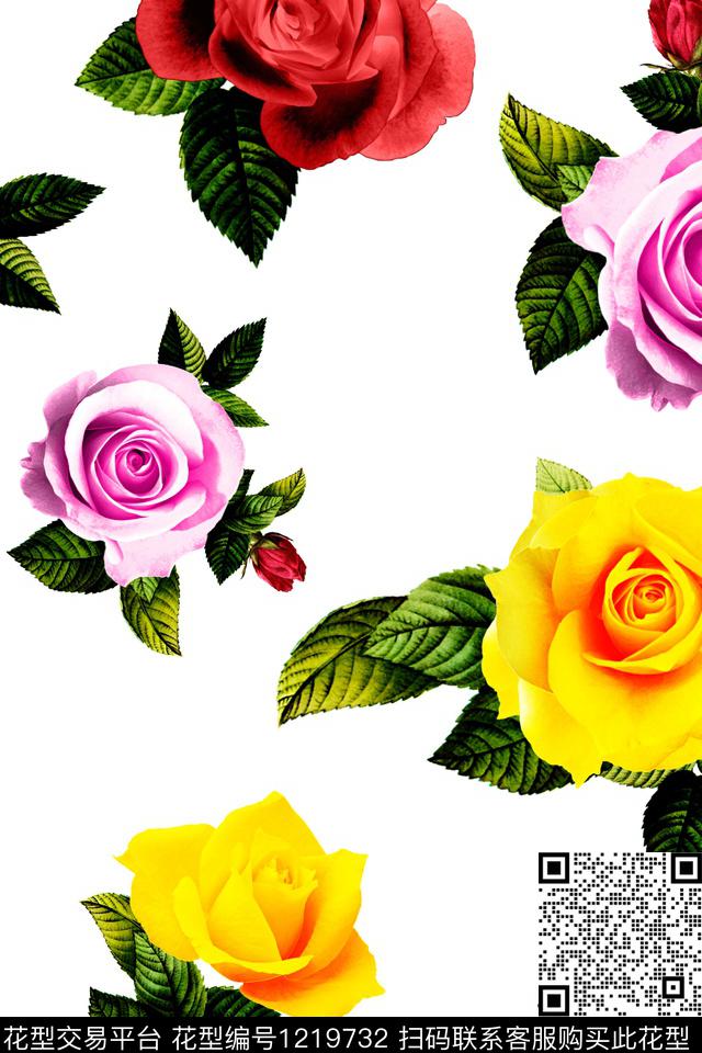 花卉大牌风玫瑰花数码印花华亿平台下载（图片编号: 1219732） - 瓦栏（Walan）