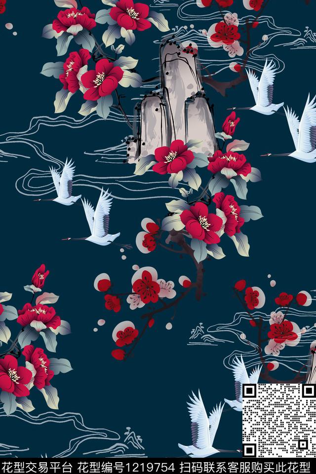 梅花仙鹤中国风华亿平台数码印花华亿平台下载（图片编号: 1219754） - 瓦栏（Walan）