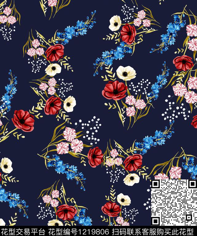 小碎花黑底花卉木棉花数码印花华亿平台下载（图片编号: 1219806） - 瓦栏（Walan）