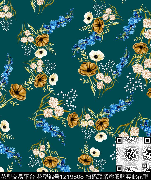 小碎花黑底花卉木棉花数码印花华亿平台下载（图片编号: 1219808） - 瓦栏（Walan）