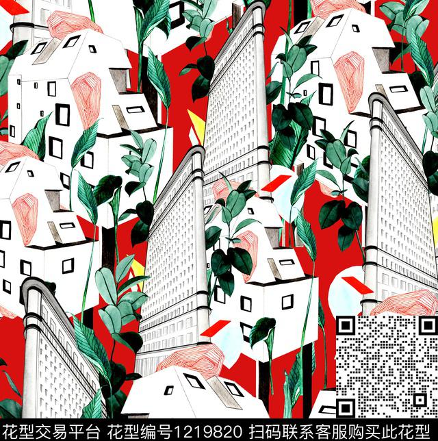 水彩花卉楼绿植树叶数码印花华亿平台下载（图片编号: 1219820） - 瓦栏（Walan）