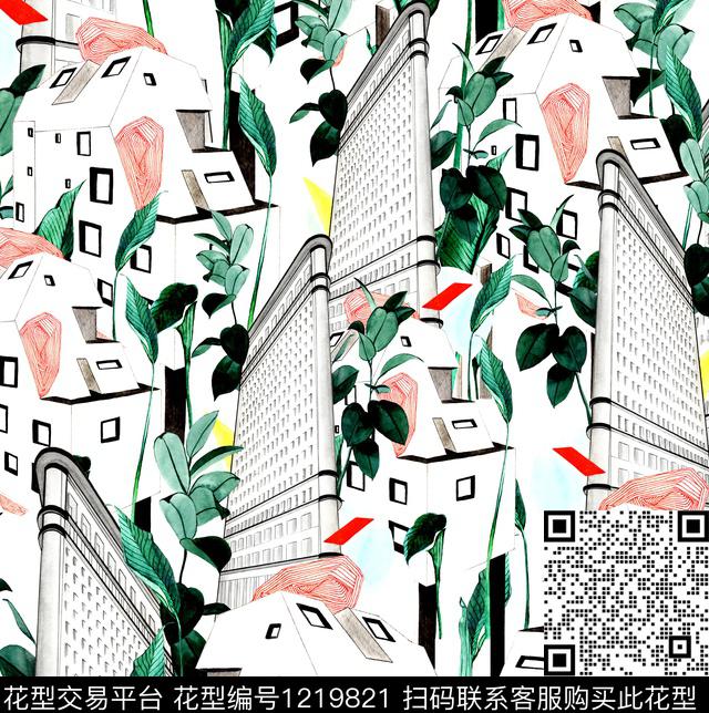 水彩花卉楼绿植树叶数码印花华亿平台下载（图片编号: 1219821） - 瓦栏（Walan）