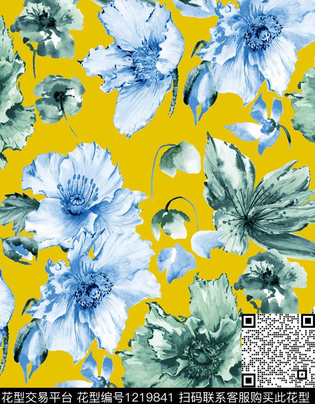 虞美人手绘花卉poppy数码印花华亿平台下载（图片编号: 1219841） - 瓦栏（Walan）
