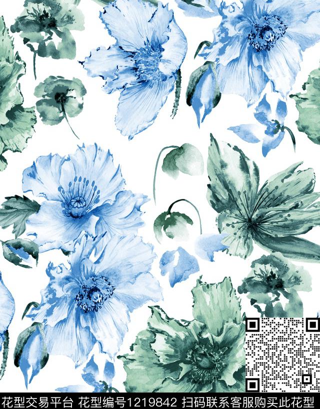 虞美人手绘花卉poppy数码印花华亿平台下载（图片编号: 1219842） - 瓦栏（Walan）