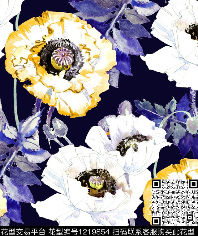 虞美人手绘花卉poppy数码印花华亿平台下载（图片编号: 1219854） - 瓦栏（Walan）