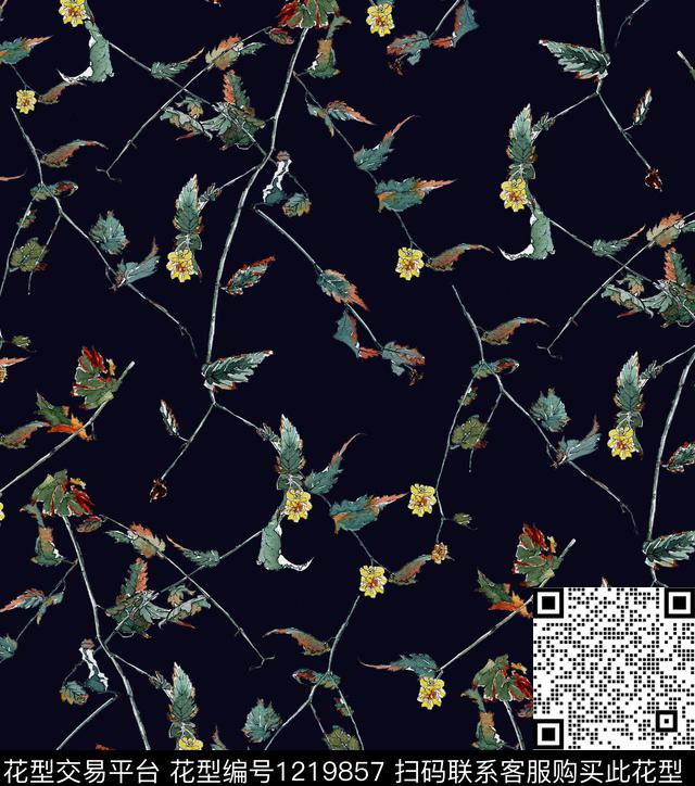 小碎花黑底花卉木棉花数码印花华亿平台下载（图片编号: 1219857） - 瓦栏（Walan）