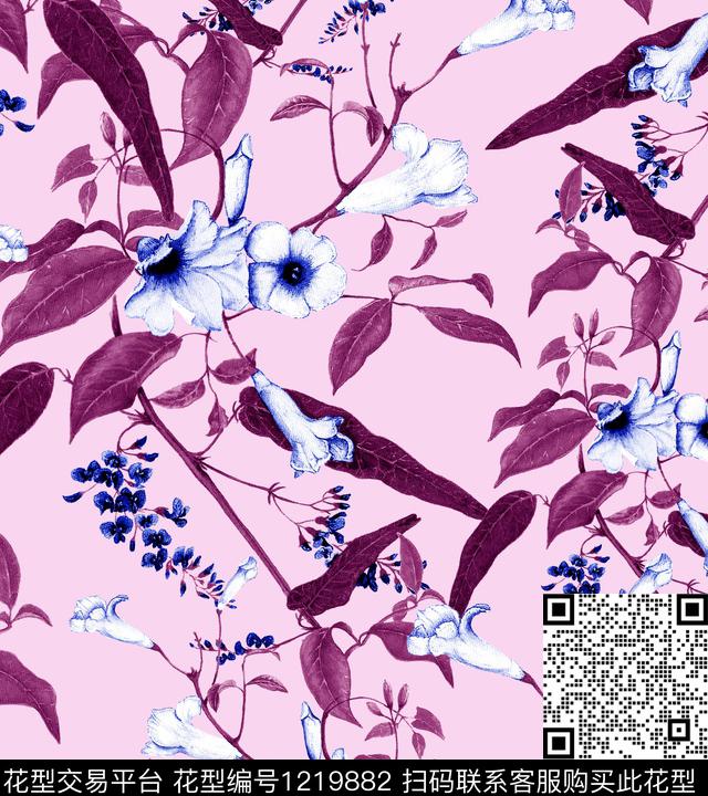 小碎花黑底花卉木棉花数码印花华亿平台下载（图片编号: 1219882） - 瓦栏（Walan）