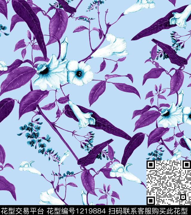 小碎花黑底花卉木棉花数码印花华亿平台下载（图片编号: 1219884） - 瓦栏（Walan）