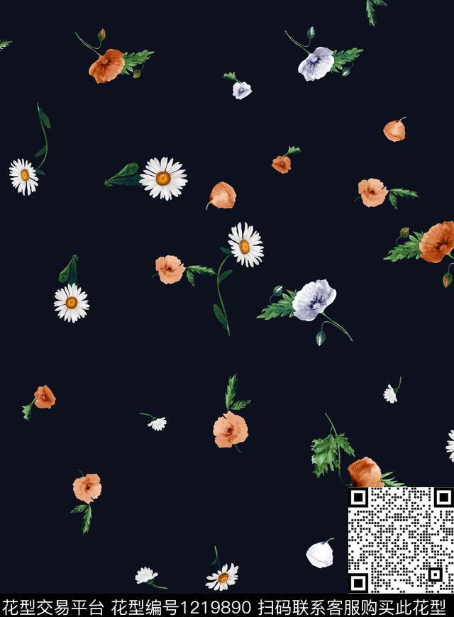 小碎花黑底花卉木棉花数码印花华亿平台下载（图片编号: 1219890） - 瓦栏（Walan）