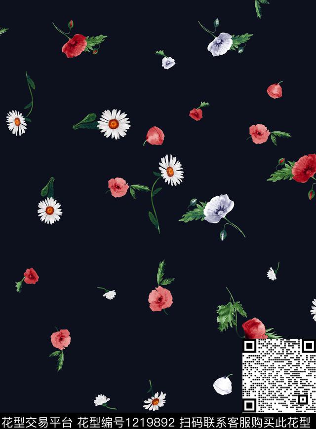 小碎花黑底花卉木棉花数码印花华亿平台下载（图片编号: 1219892） - 瓦栏（Walan）