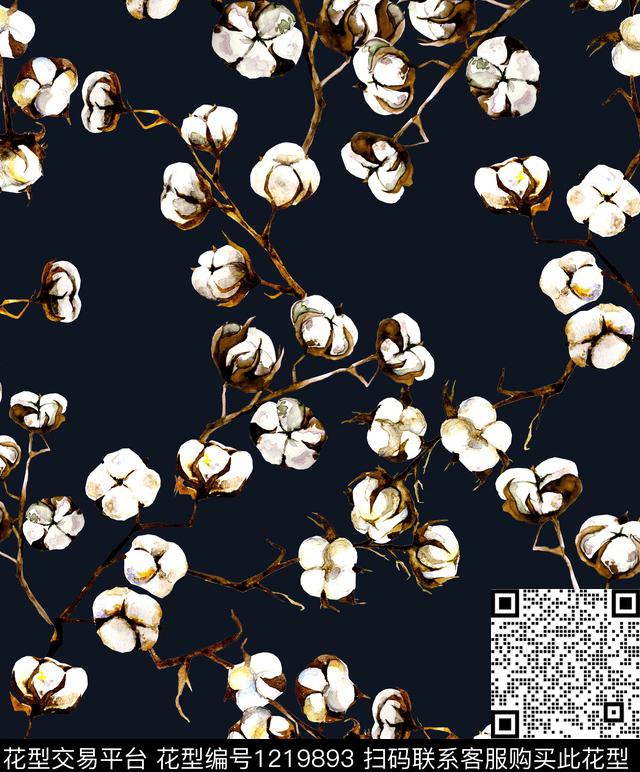 小碎花黑底花卉木棉花数码印花华亿平台下载（图片编号: 1219893） - 瓦栏（Walan）