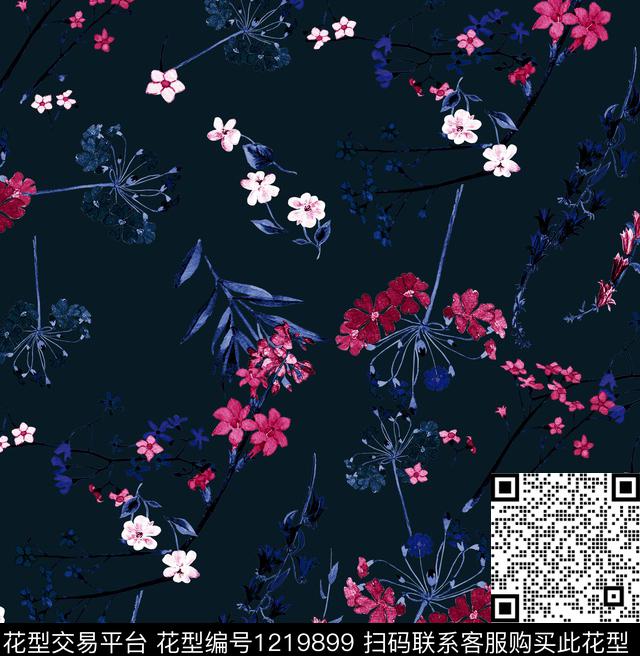 小碎花黑底花卉木棉花数码印花华亿平台下载（图片编号: 1219899） - 瓦栏（Walan）