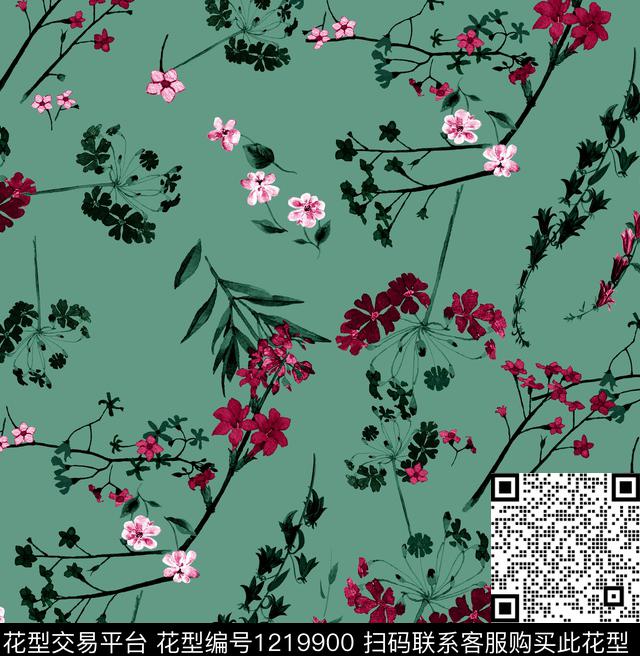 小碎花黑底花卉木棉花数码印花华亿平台下载（图片编号: 1219900） - 瓦栏（Walan）